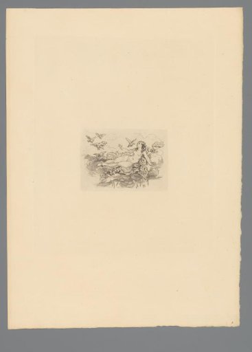 Reproduction of a print after a drawing of a vignette with a reclining muse and birds