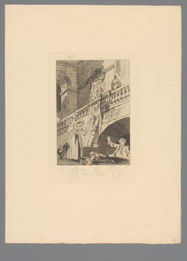 Reproduction of a Print after a Drawing of Servants Discovering a Man Under a Bridge