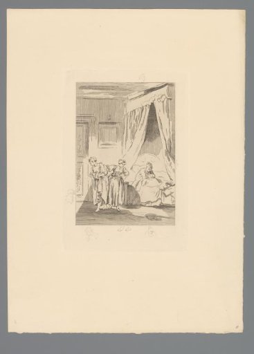 Reproduction of a print after a drawing of two women standing beside a man's bed