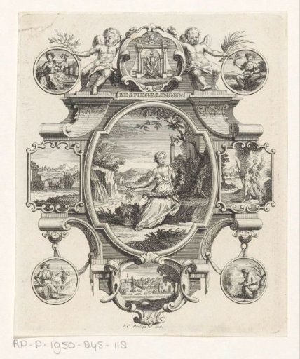 Cartouche with a woman in a landscape
