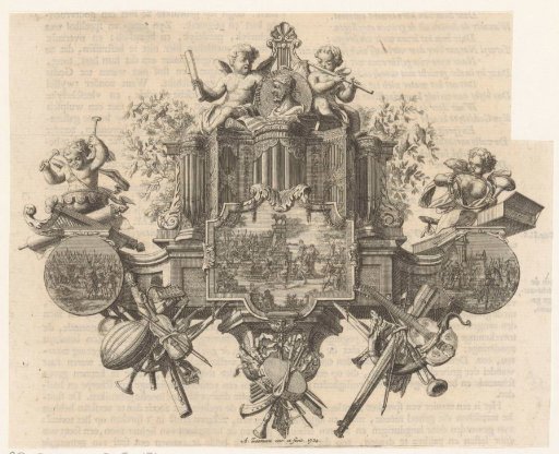 Allegorical representation of music around the portrait of Tubal-Cain
