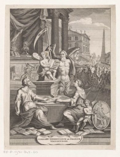 Allegorical representation with Father Time and French and Dutch language