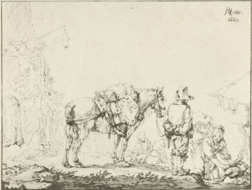 Man with a horse by a washerwoman