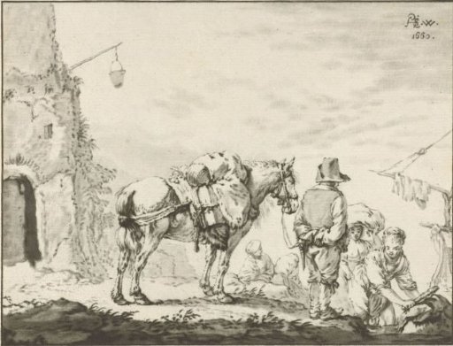 Man with a horse by a washerwoman