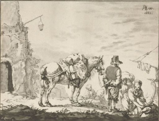 Man with a horse by a washerwoman