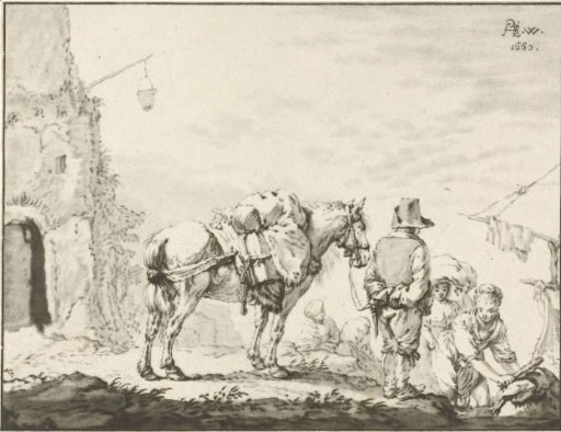 Man with a horse by a washerwoman