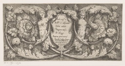 Frisian with arabesques featuring two winged female figures and a cartouche with text