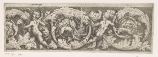 Frieze with arabesques, two putti and two lions