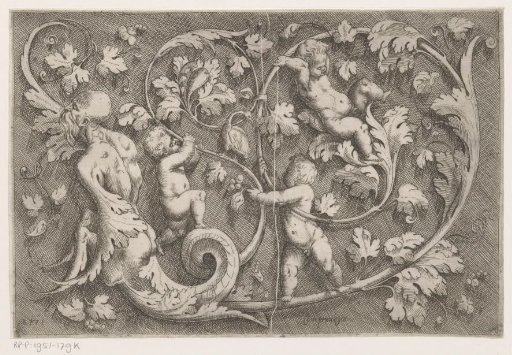 Frieze with arabesques, three playing putti and an old man ending in ornament