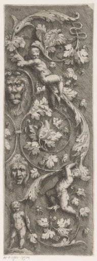 Frieze with arabesques, a lion's head, a woman's head and three playing putti