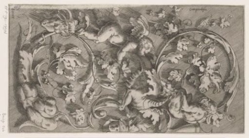 Frieze with arabesques, two bodies ending in ornament, a putto, a dragon and a ram's head