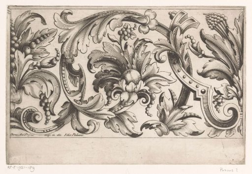 Acanthus scrolls with scrollwork motifs and fruits