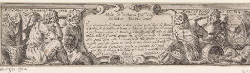 Title page print with a cartouche flanked by arms and four men, three of whom are bound (prisoners of war or enslaved persons)