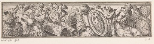 Frieze with arms, a bound man (prisoner of war or enslaved person) and two Oriental figures