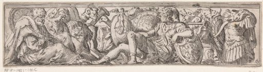 Frieze with a young soldier, old man and woman between arms