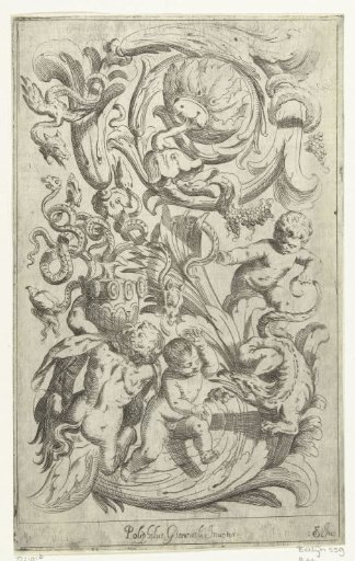 Foliate scroll with two children and a satyr child