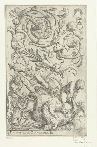 Foliate scroll, two satyrs, two children, and a dragon