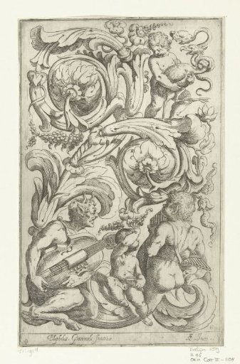 Foliate scroll, satyr, two children, and a young man