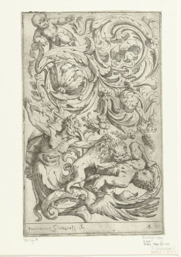 Satyr and a man being bitten by a lion