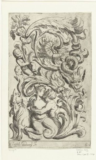 Triton and siren next to a beaked sea monster
