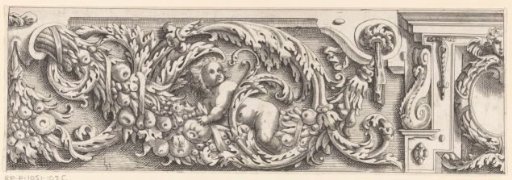 Putto in scrolls of acanthus leaves and fruit