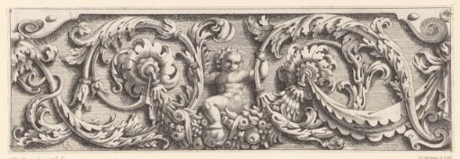 Putto on a garland and vines with acanthus leaves