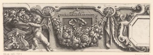 Putto with a vase, garland and cartouche