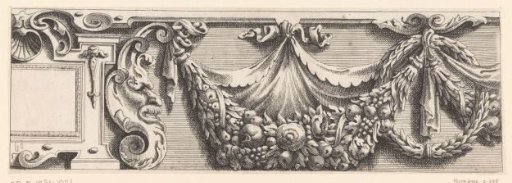 Tablet, fruit garland and laurel wreath