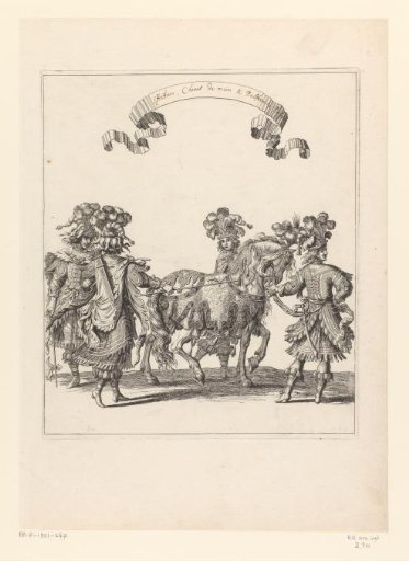 Footmen and groom with horse in Persian costume