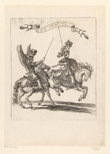 Javelin thrower and servant on horseback in Turkish costume, one of them with wings