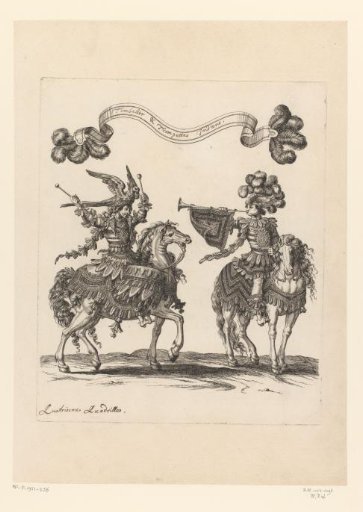 Drummer and trumpeter on horseback in fancy costume, labeled as 'Indian'
