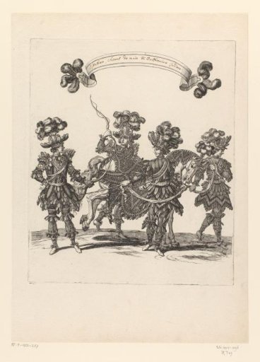 Footmen and groom with horse in fancy costume, labeled as 'Indian'