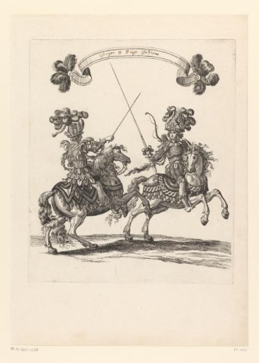 Javelin thrower and page on horseback in fancy costume, labeled as 'Indian'