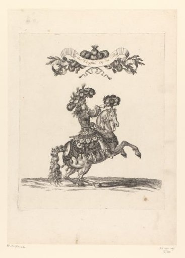 Henri-Jules de Bourbon on horseback in fancy costume, labeled as 'King of the Indies'