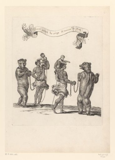 Two African men, each with a monkey on their shoulders and a bear on a chain