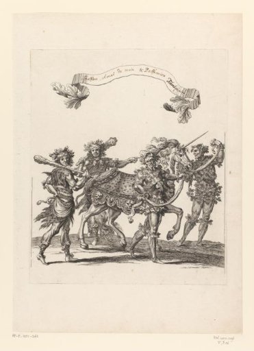 Footmen and groom dressed as a wild man, with a horse dressed as a unicorn