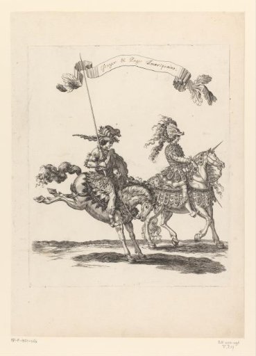 Javelin thrower and servant dressed as a wild man on a horse and a horse dressed as a unicorn