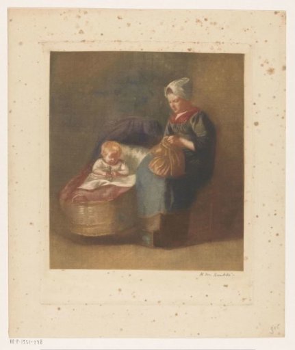 Woman Working Beside a Child and a Cradle