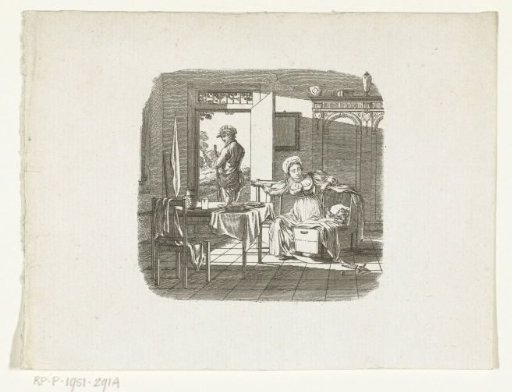 Mother with a child in a cradle swinging towards the father leaving the house with a musket