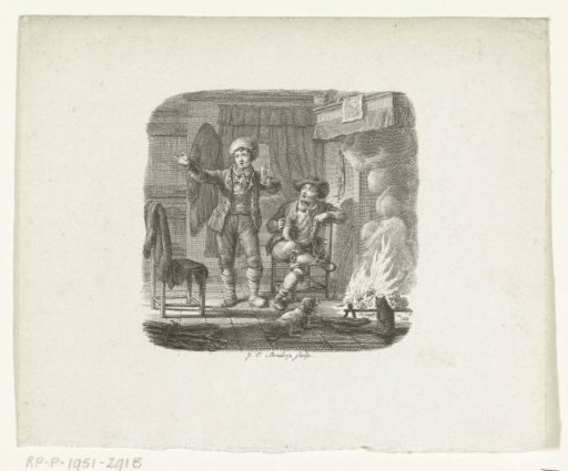 Two men in conversation by the fireplace