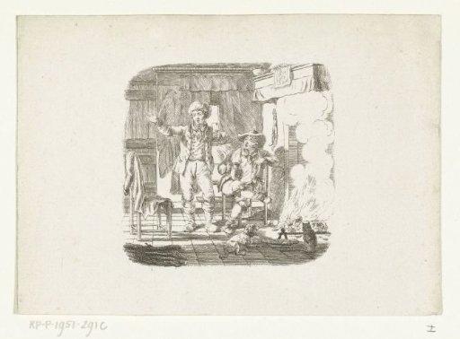 Two men in conversation by the fireplace