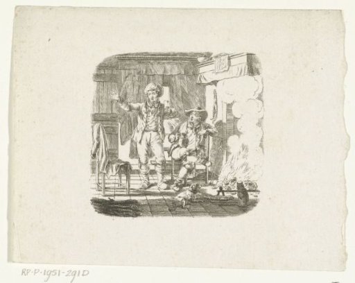 Two men in conversation by the fireplace