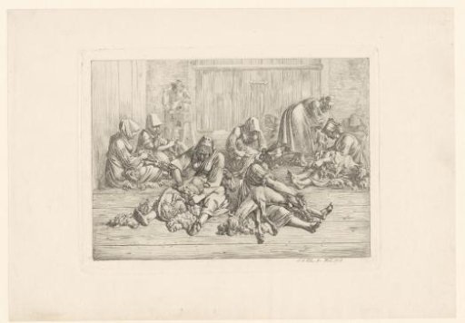 Women shearing sheep in a barn