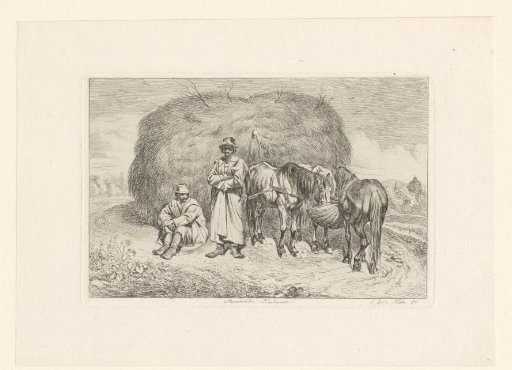 Slovak peasants and three horses at the hay wagon