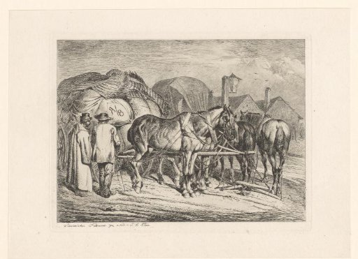 Slovak and cart driver at a loaded cart drawn by four horses