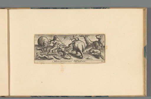 Landscape with hunters, elephants, lion and leopard