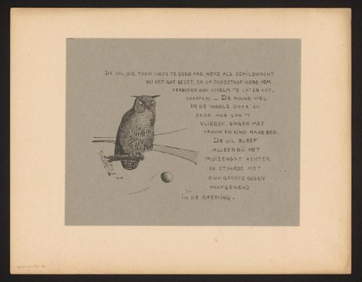 Text page with an owl at a mouse hole