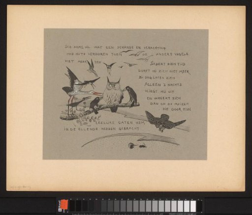 Text plate with birds reprimanding the owl