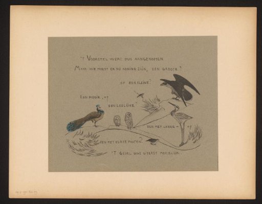Text plate with, among others, a peacock, owls, heron, and bird of prey