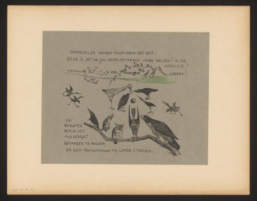 Text plate with various bird species at the mouse hole where the wren disappeared